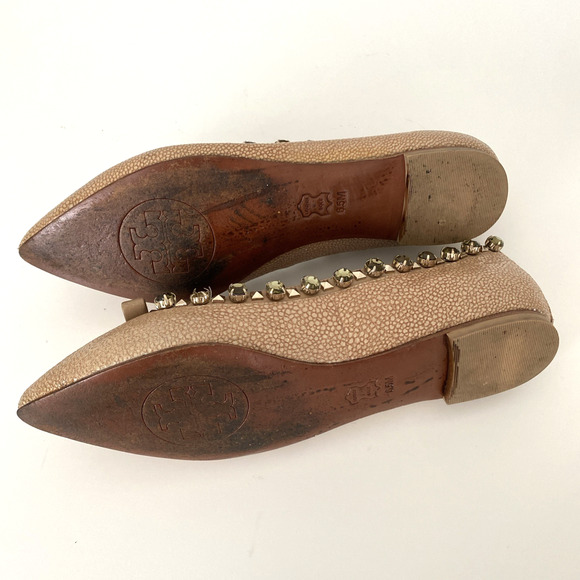 TORY BURCH Ballet Flat Crystal Embellished Point Toe Beige Tan Bow Jewel 6.5 - Picture 8 of 8